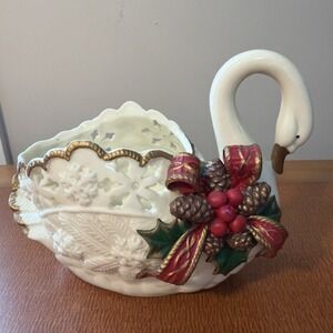 Vintage Swan Sleigh Planter Christmas Gold Accents 6.5" Long